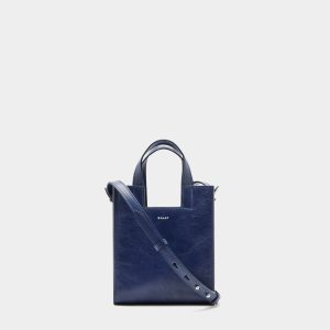 Easy Bally Small Tote Bag in Navy Blue Leather