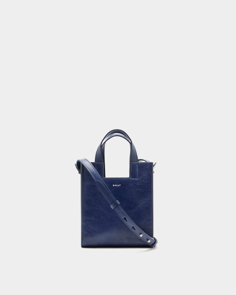 Easy Bally Small Tote Bag in Navy Blue Leather
