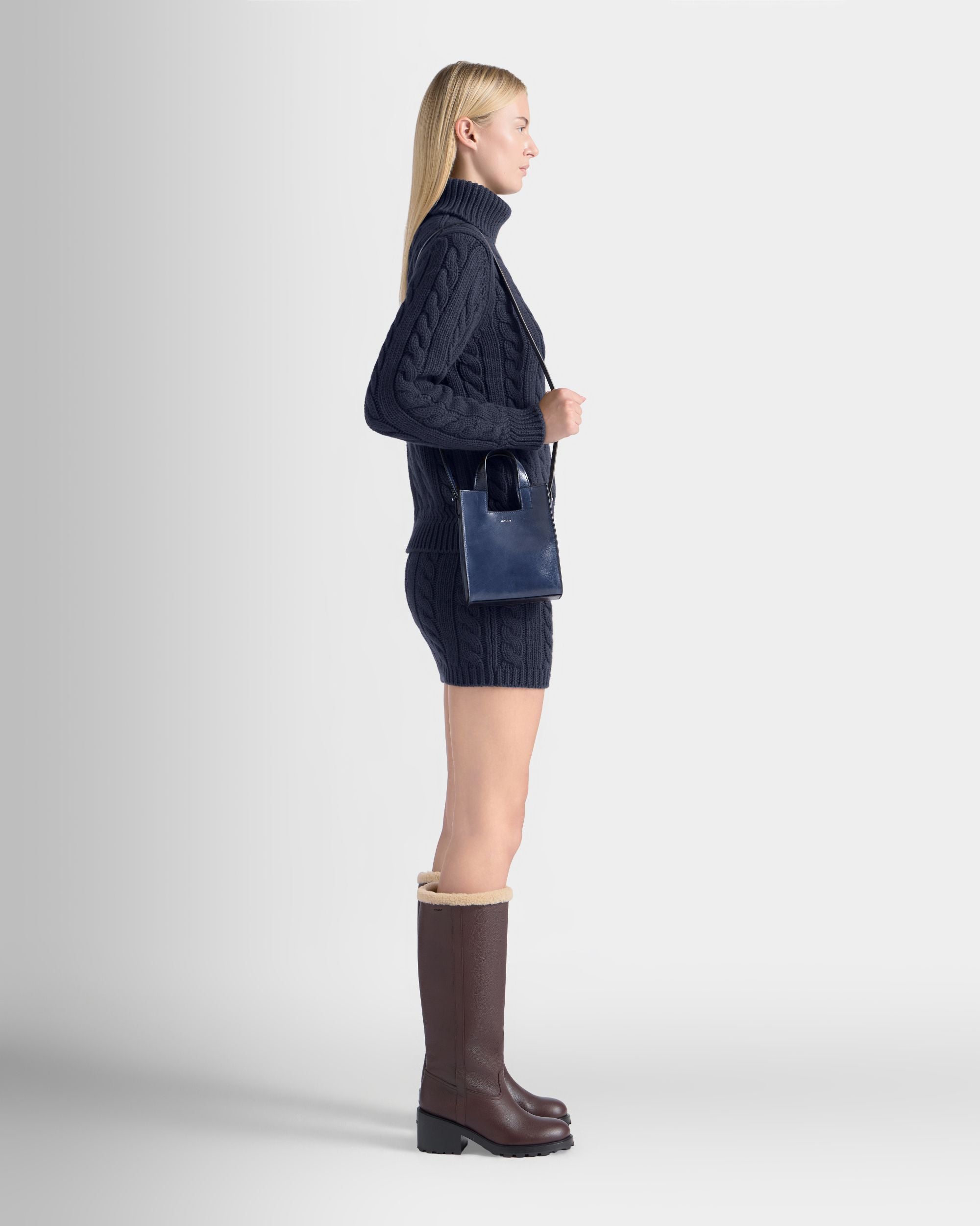 Easy Bally Small Tote Bag in Navy Blue Leather - Image 2