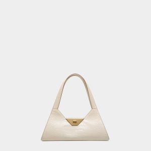 Tilt Small Shoulder Bag In White Crocodile Print Leather
