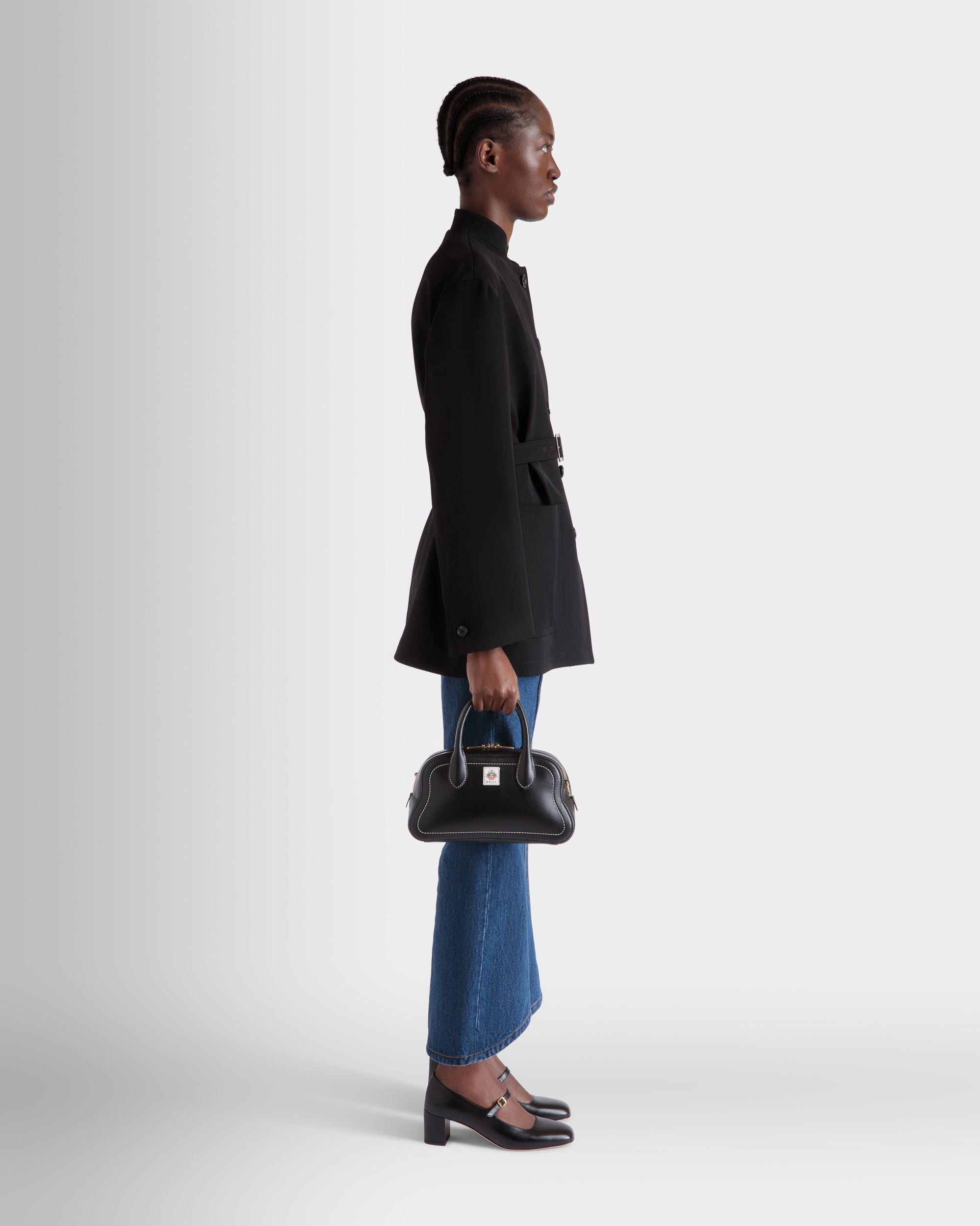 Unda Top Handle Bag in Black Grained Leather - Image 2