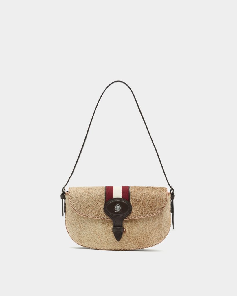 Beckett Small Shoulder Bag in Beige Pony Hair With a Bally Ribbon