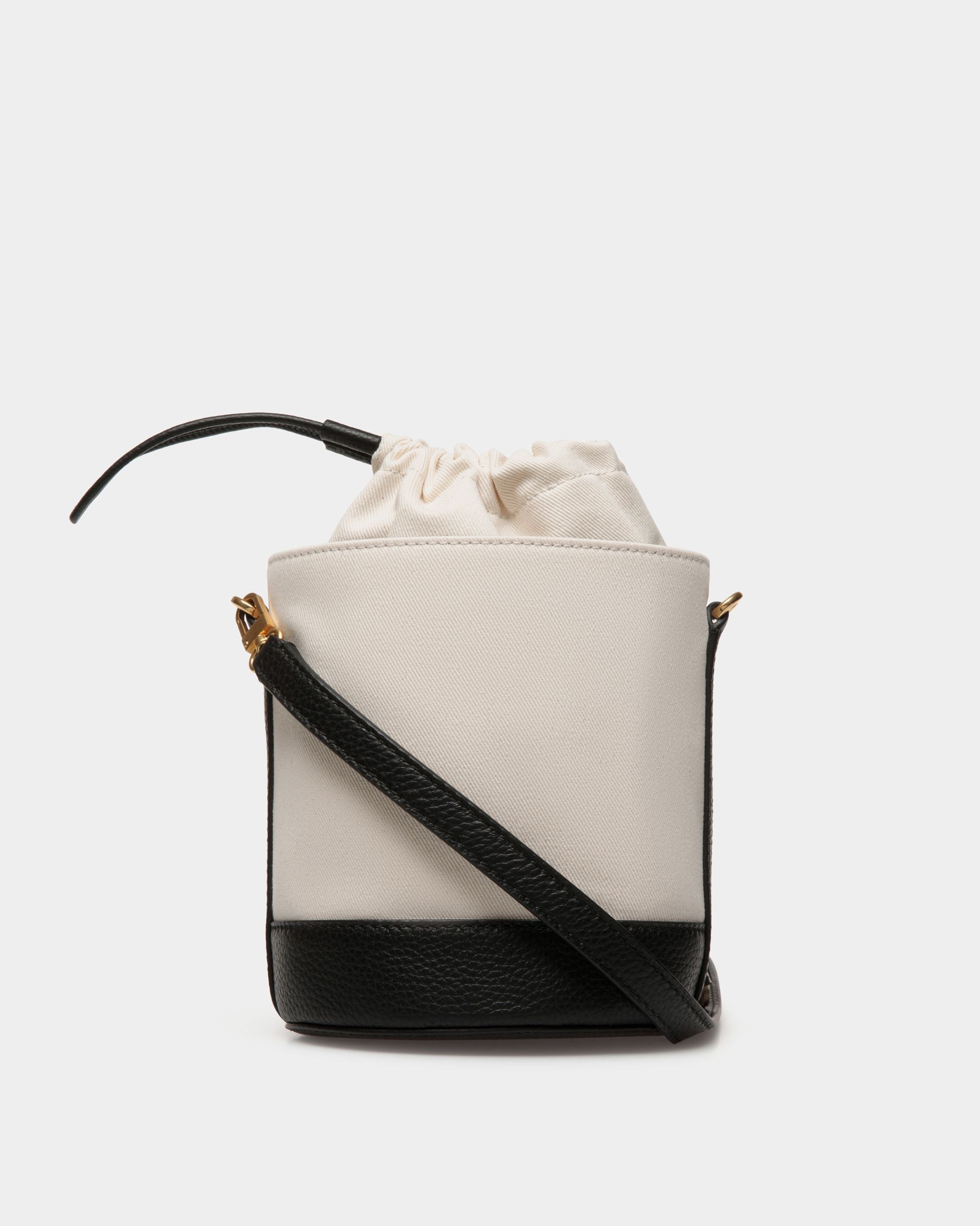 Bar Mini Bucket Bag in White And Black Canvas And Leather - Image 2