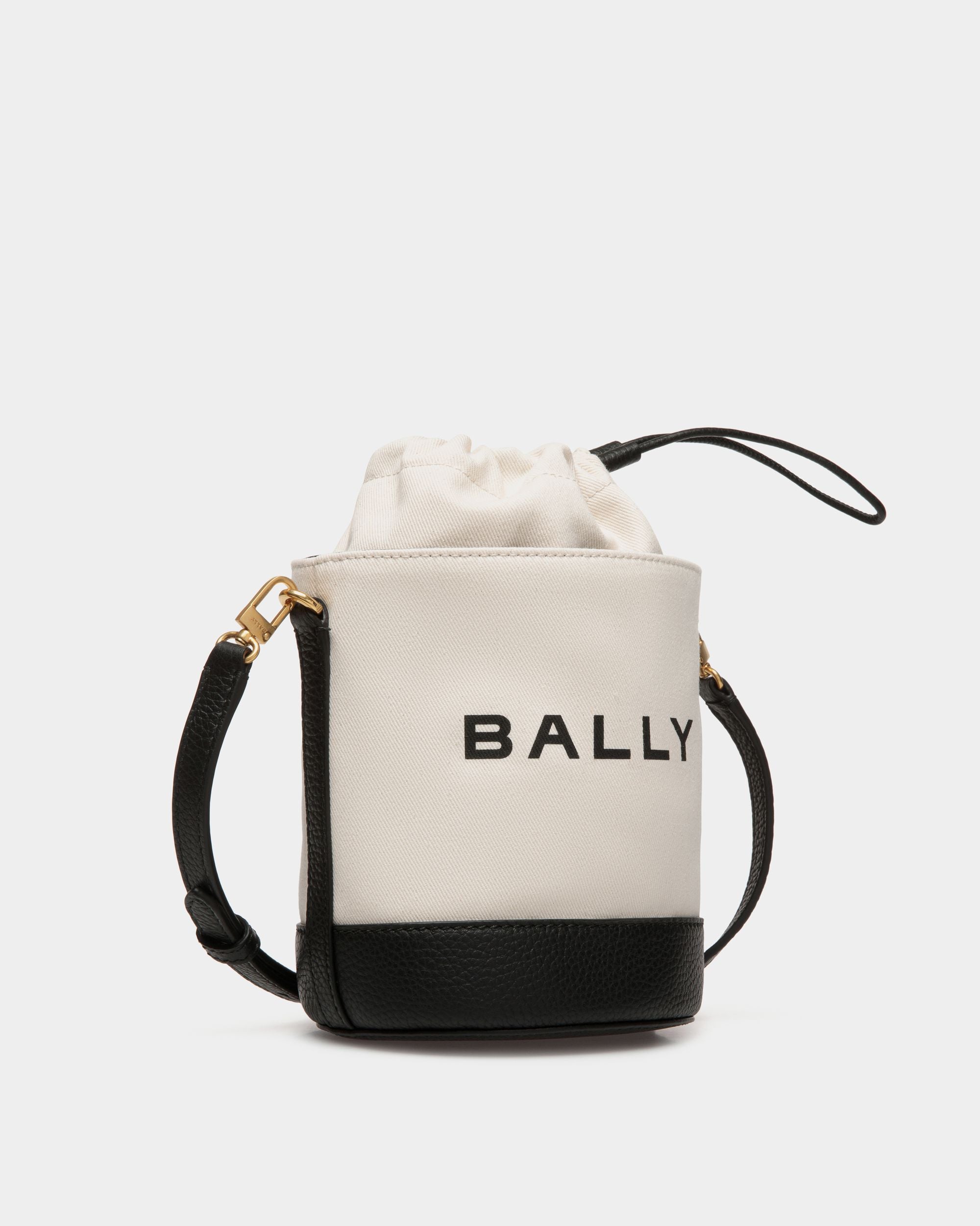 Bar Mini Bucket Bag in White And Black Canvas And Leather - Image 3