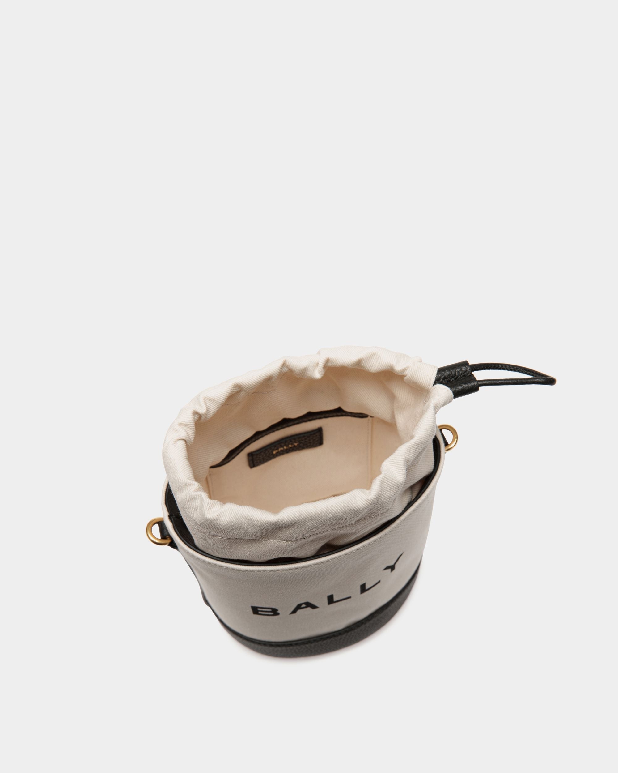 Bar Mini Bucket Bag in White And Black Canvas And Leather - Image 4