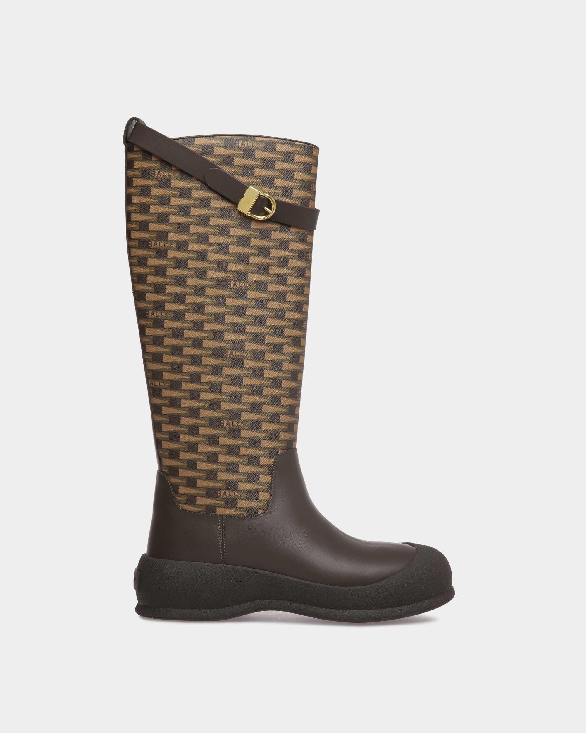 Frei Long Boots In Brown Leather And Mixed Cotton