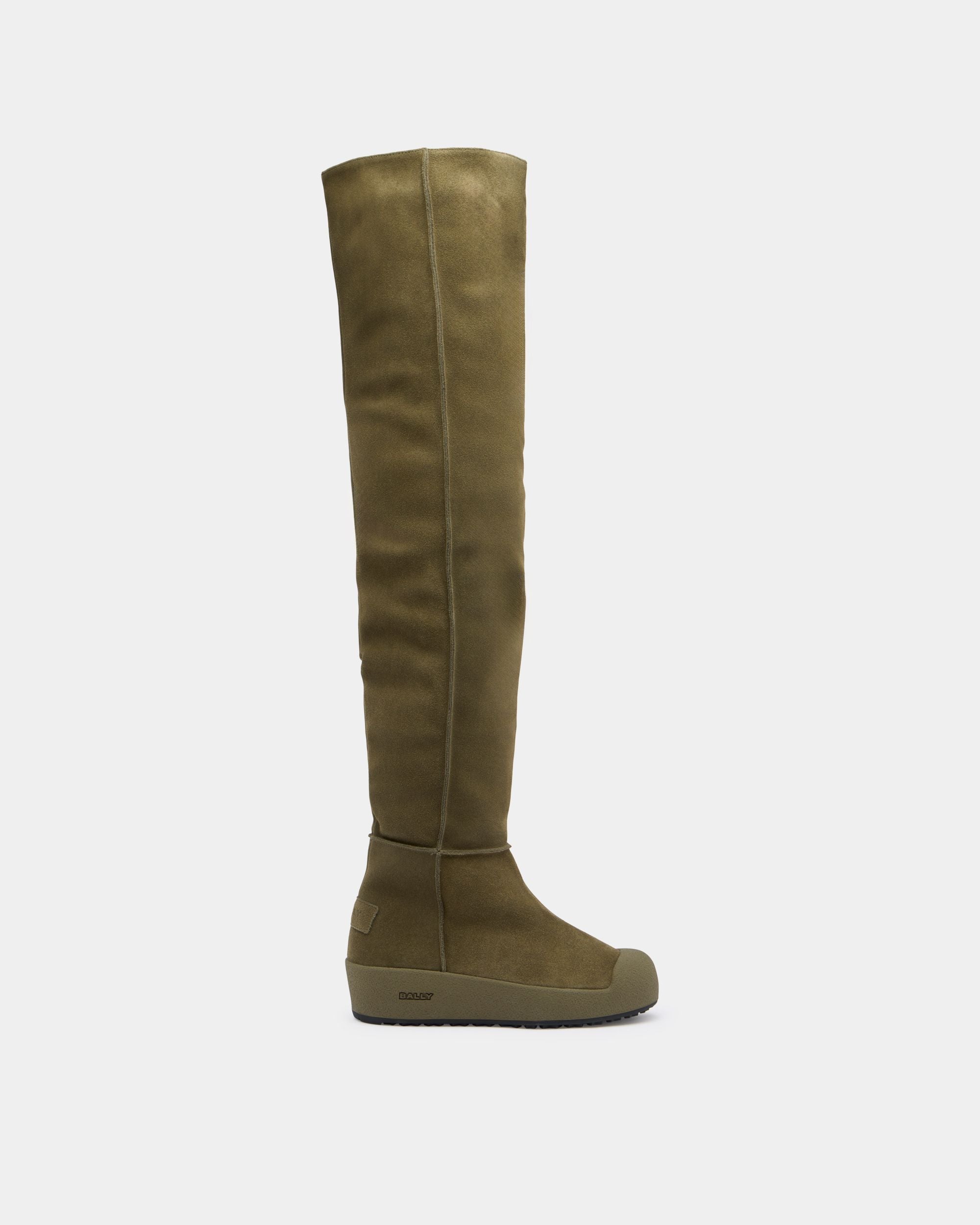 Bally Curling Over-the-knee Boot in Military Green Suede