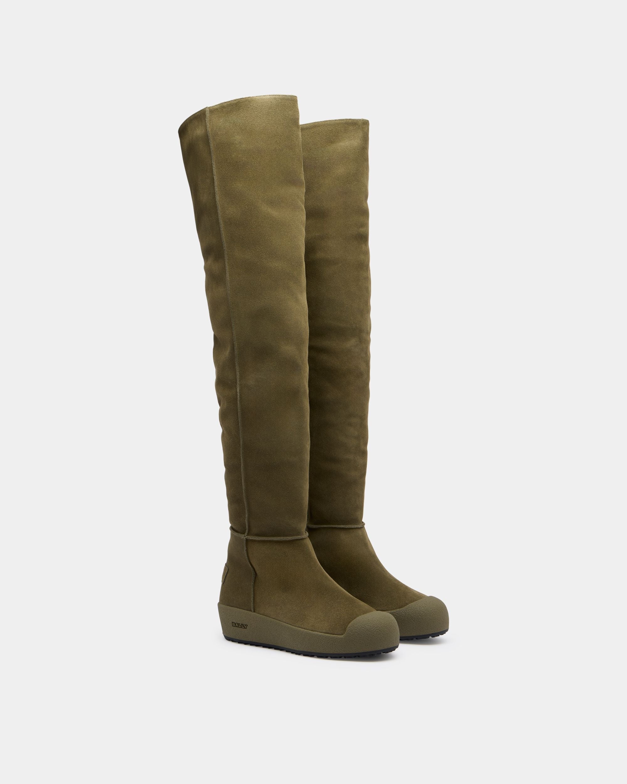Bally Curling Over-the-knee Boot in Military Green Suede - Image 2