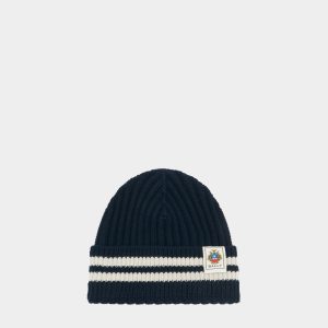 Beanie With Bally Stripes in Navy Blue Wool