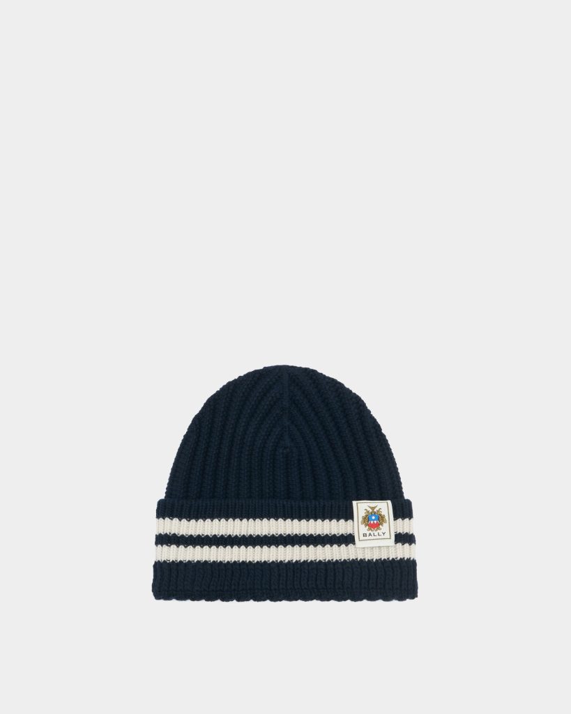 Beanie With Bally Stripes in Navy Blue Wool