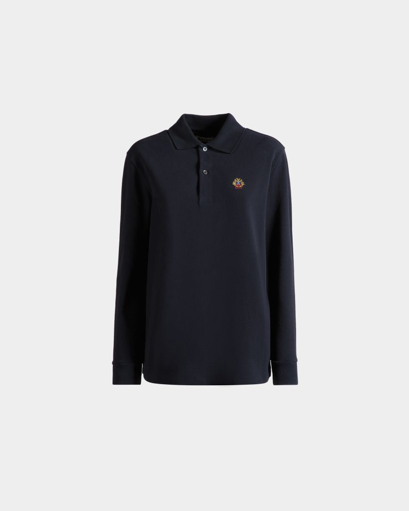 Long Sleeve Polo With a Bally Crest Logo In Navy Blue Cotton