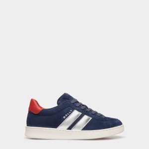 Tennis Sneaker In Navy Blue And Candy Red Suede Leather