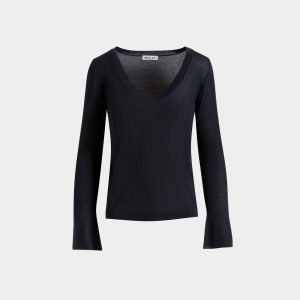 V-Neck Knit Top in Navy Blue Cashmere