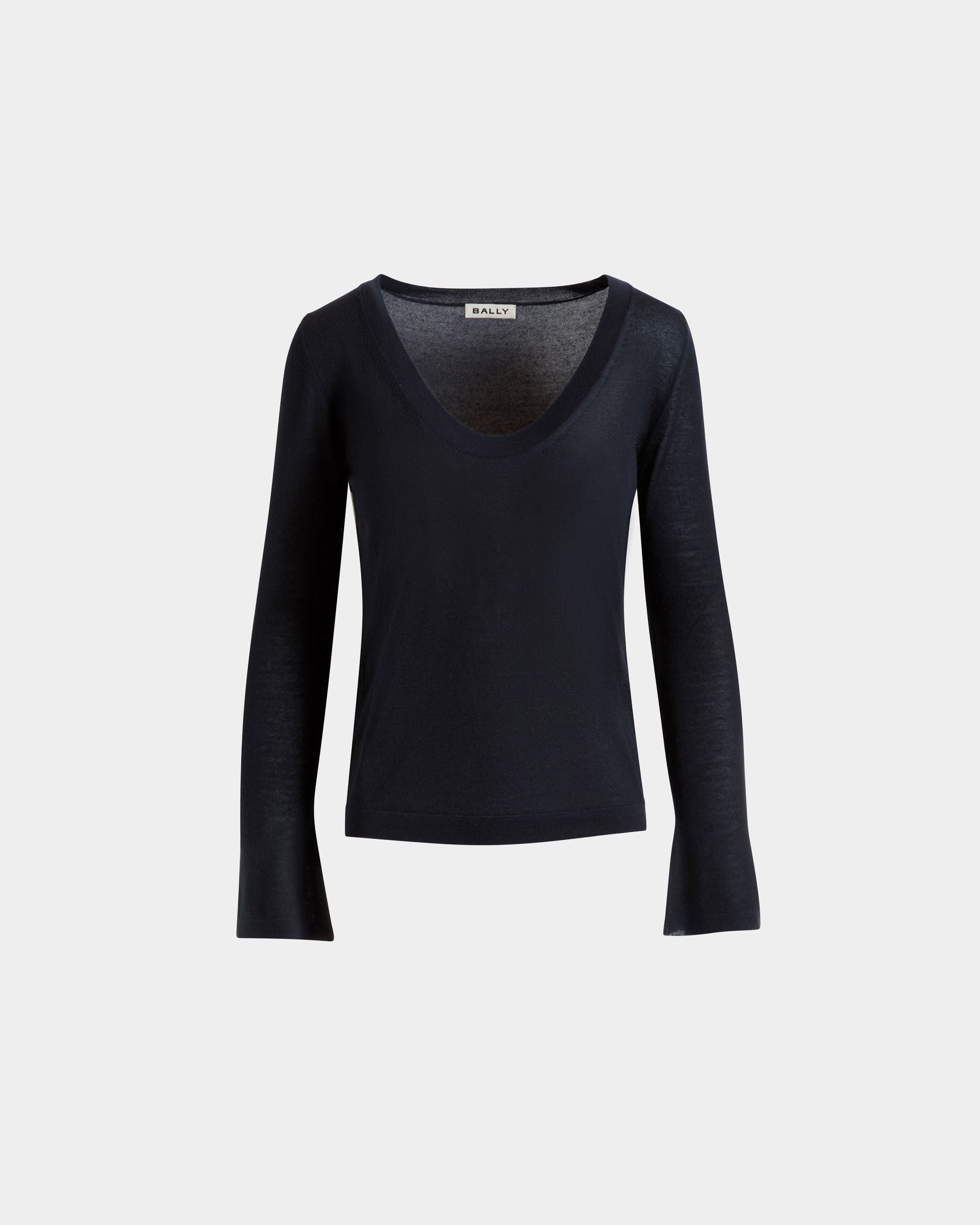 V-Neck Knit Top in Navy Blue Cashmere