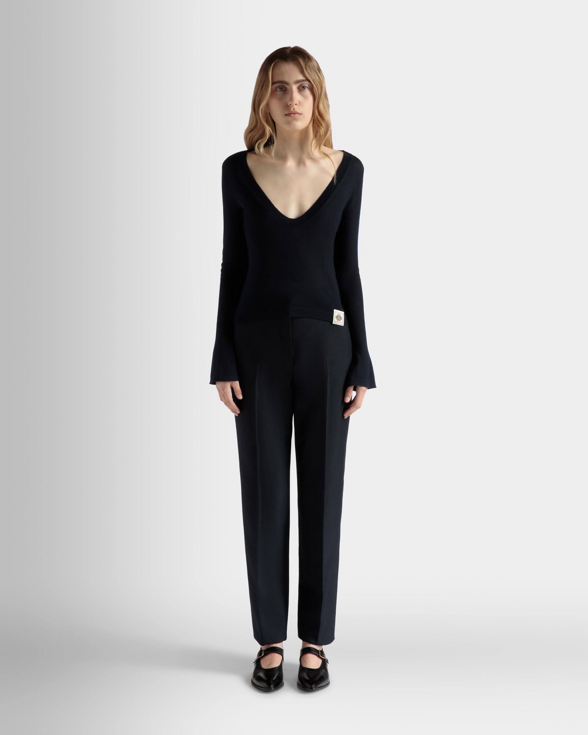 V-Neck Knit Top in Navy Blue Cashmere - Image 2