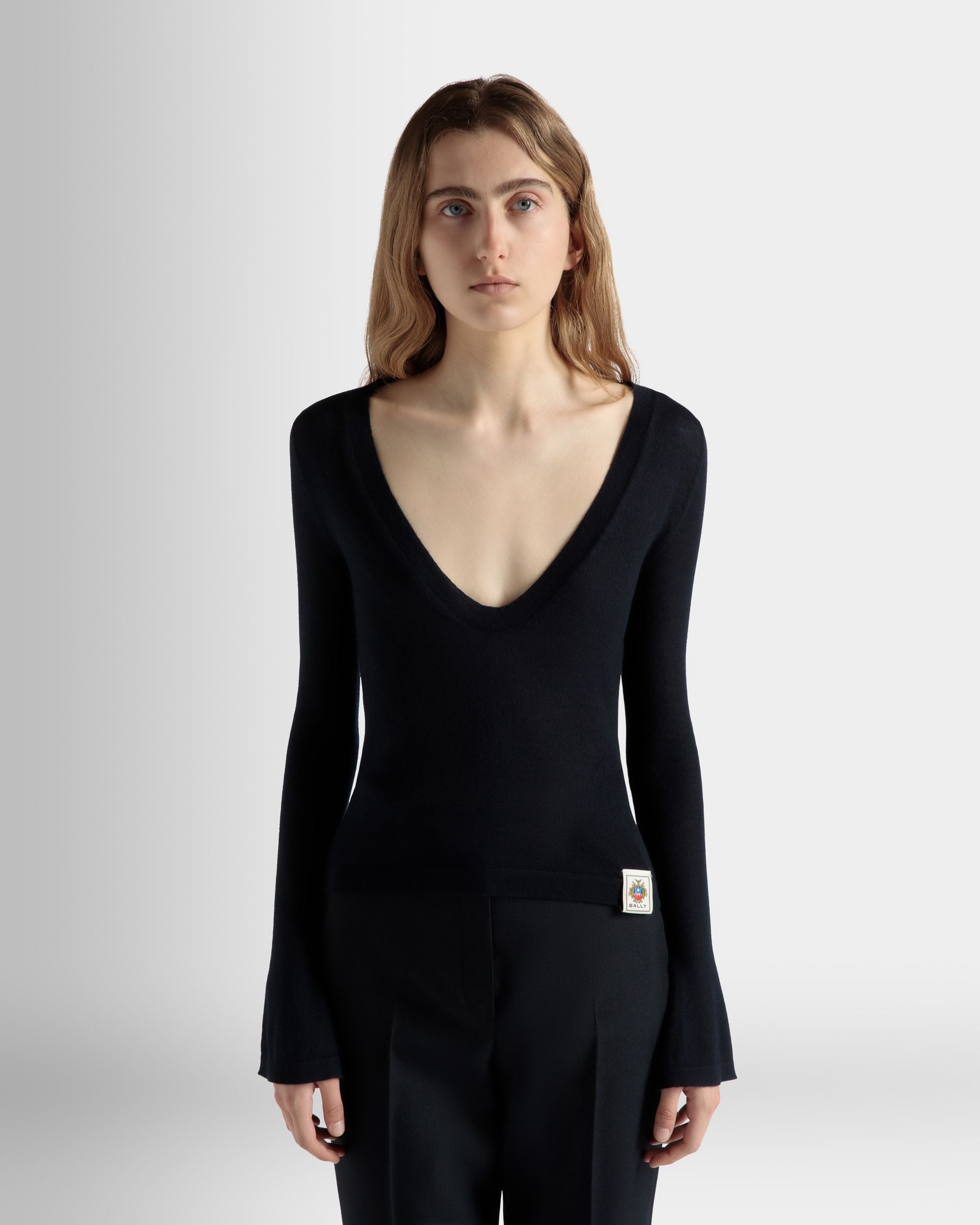 V-Neck Knit Top in Navy Blue Cashmere - Image 3