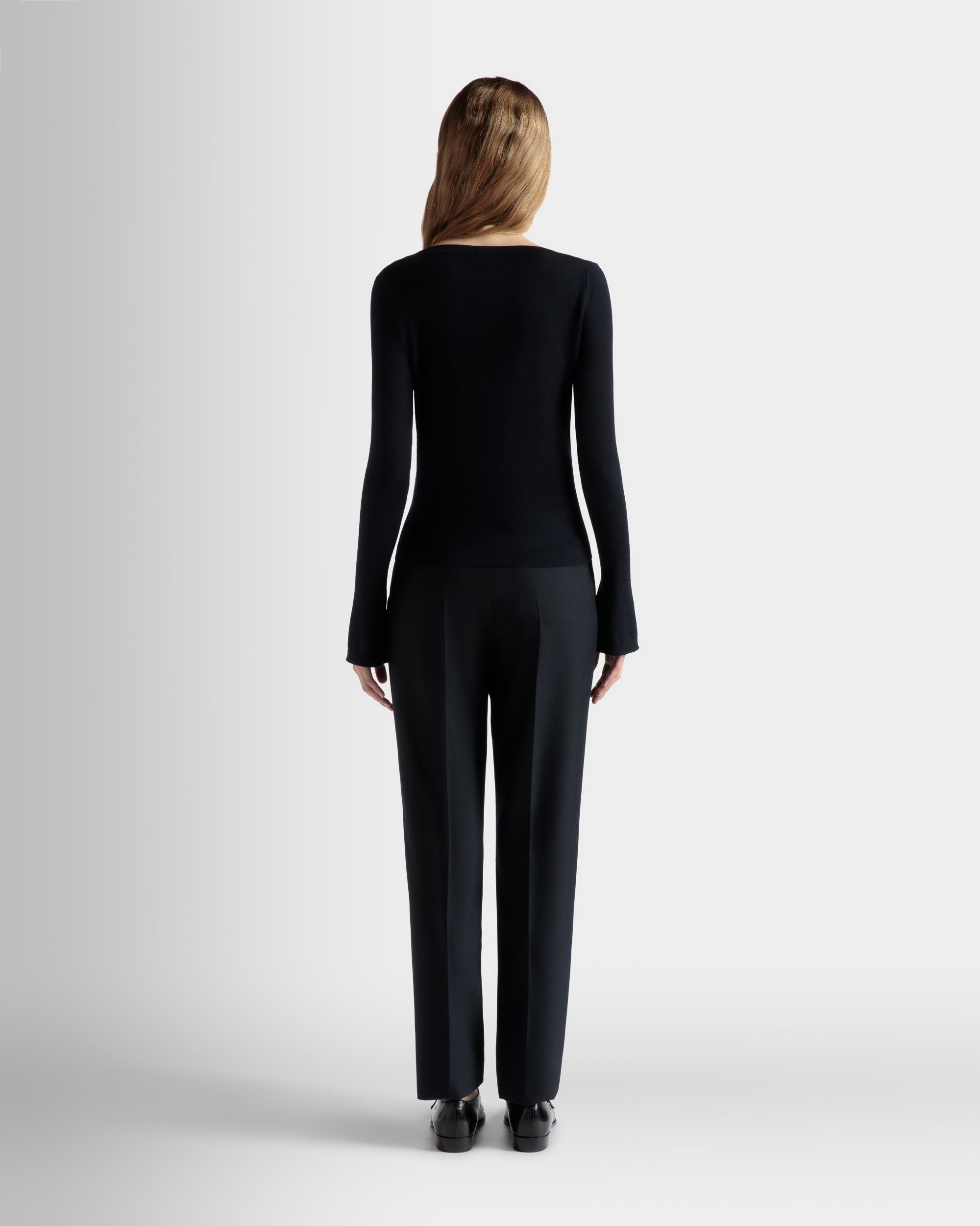 V-Neck Knit Top in Navy Blue Cashmere - Image 6