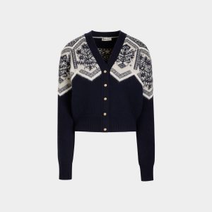 Winter Capsule Cardigan With a Heritage Flower in Navy Blue Wool