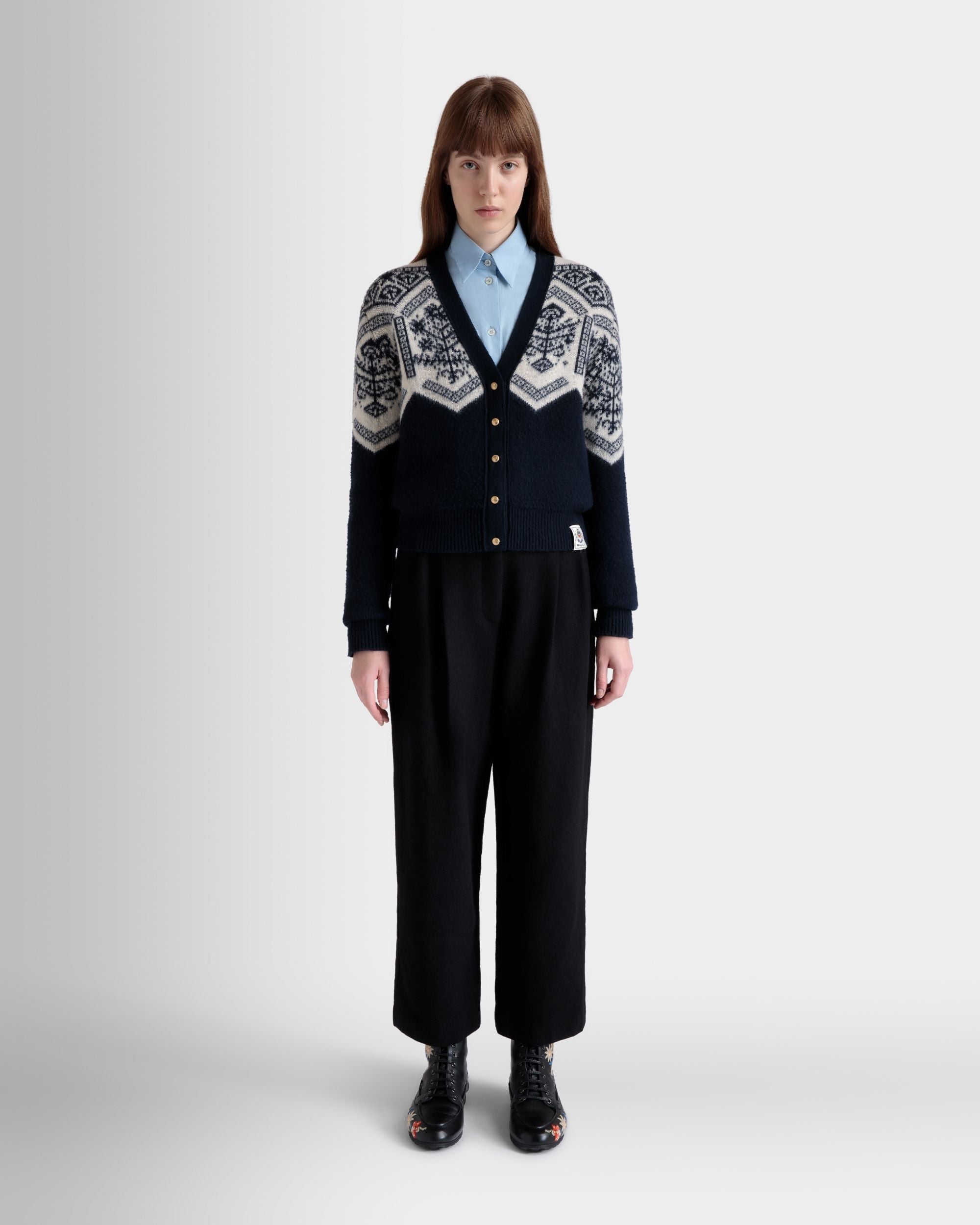 Winter Capsule Cardigan With a Heritage Flower in Navy Blue Wool - Image 2