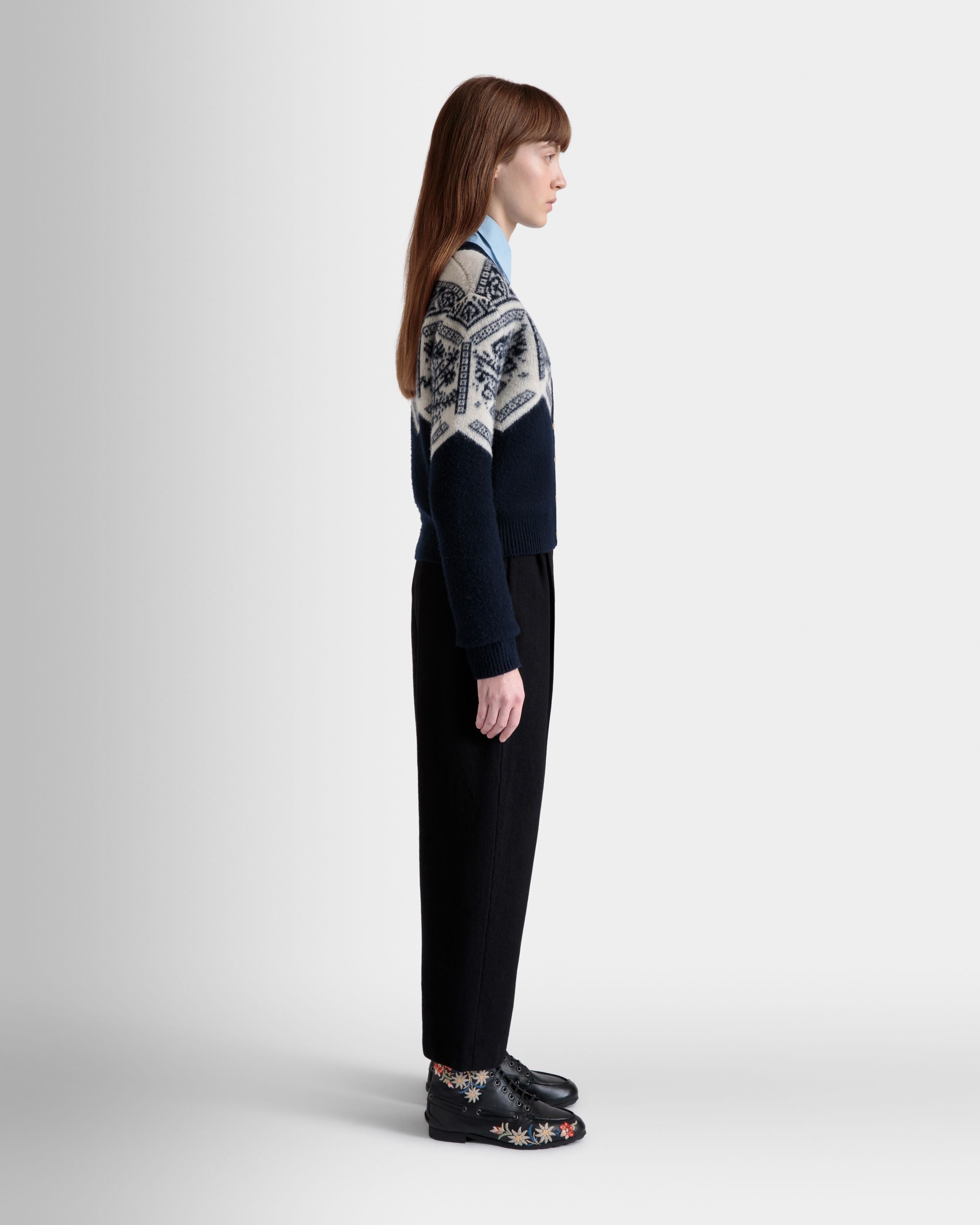 Winter Capsule Cardigan With a Heritage Flower in Navy Blue Wool - Image 5