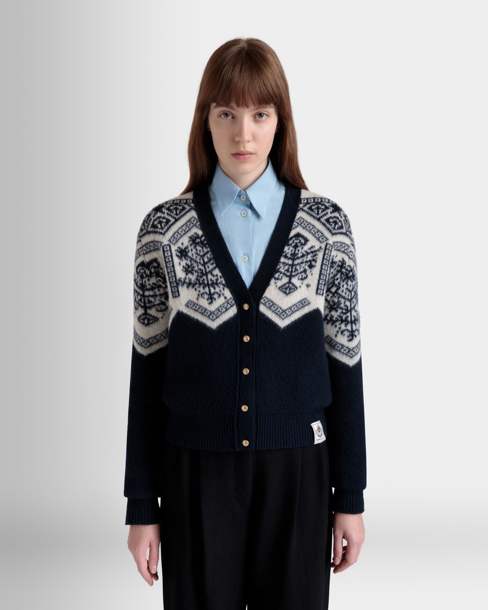 Winter Capsule Cardigan With a Heritage Flower in Navy Blue Wool - Image 8