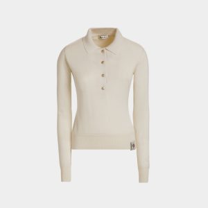 Long Sleeve Polo in Ivory Cashmere And Silk