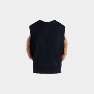Knit Vest In Navy Blue And Praline Beige Mohair And Silk