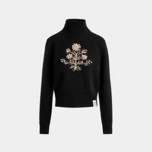 Winter Capsule Turtleneck Sweater with a Heritage Flower in Black Wool