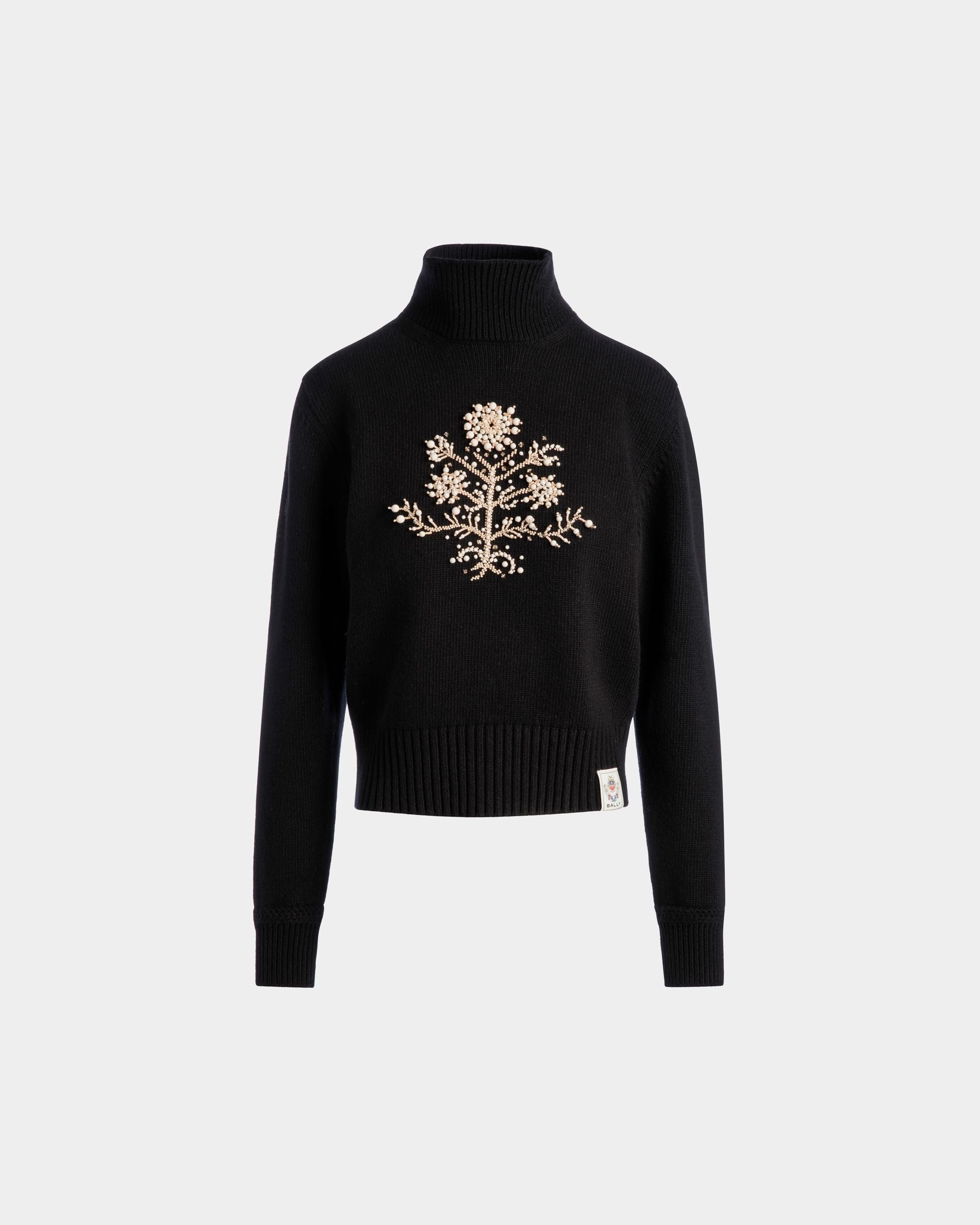 Winter Capsule Turtleneck Sweater with a Heritage Flower in Black Wool