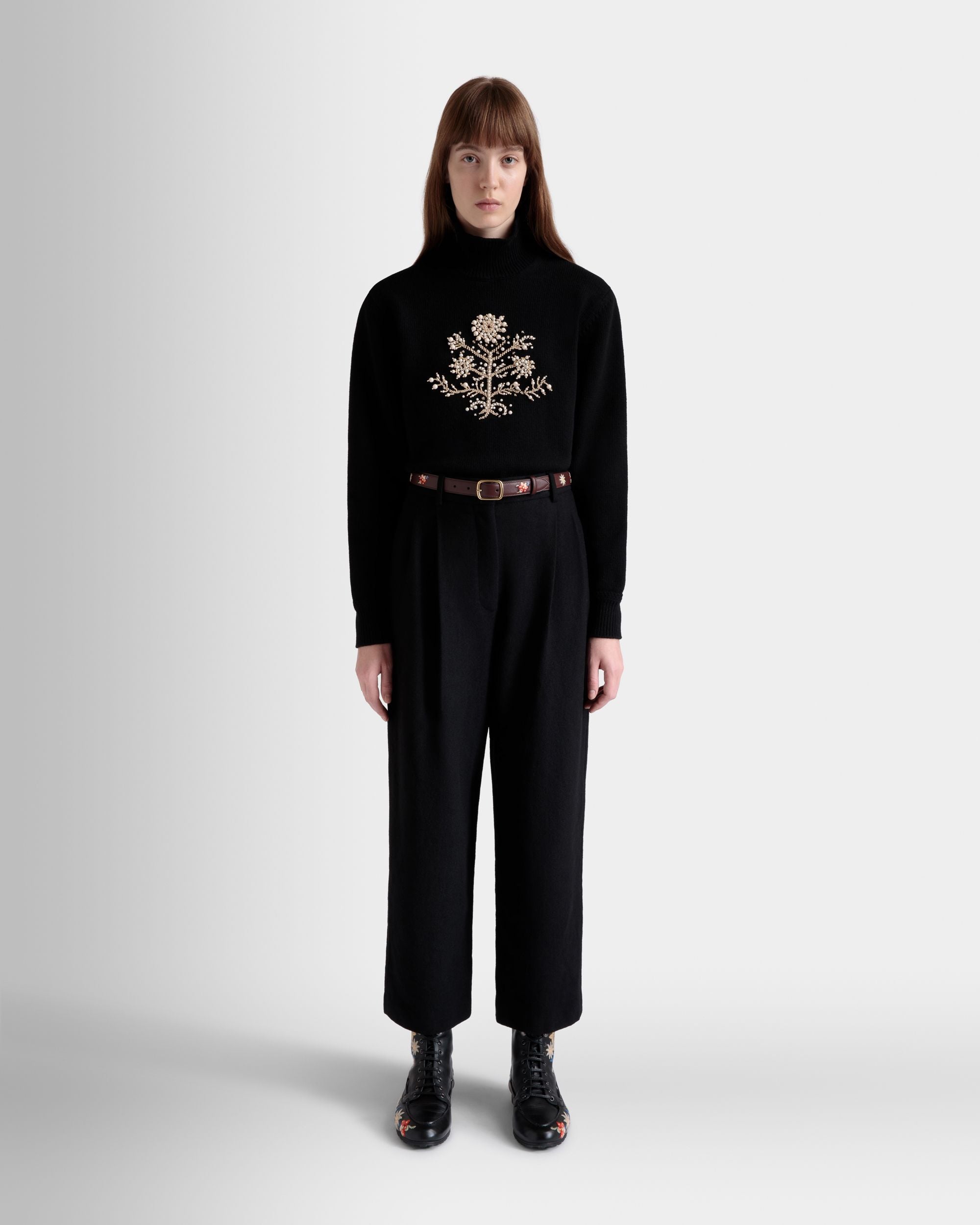 Winter Capsule Turtleneck Sweater with a Heritage Flower in Black Wool - Image 2