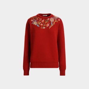 Winter Capsule Crewneck Sweater With Alpine Flowers in Red Wool