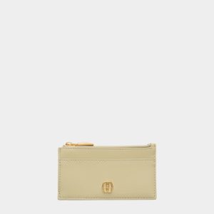 Emblem Zipped Card Holder In Light Green Leather