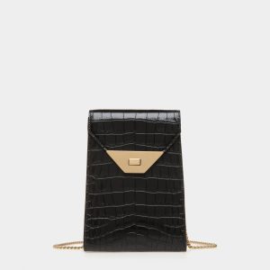 Tilt Phone Bag in Black Crocodile Print Leather