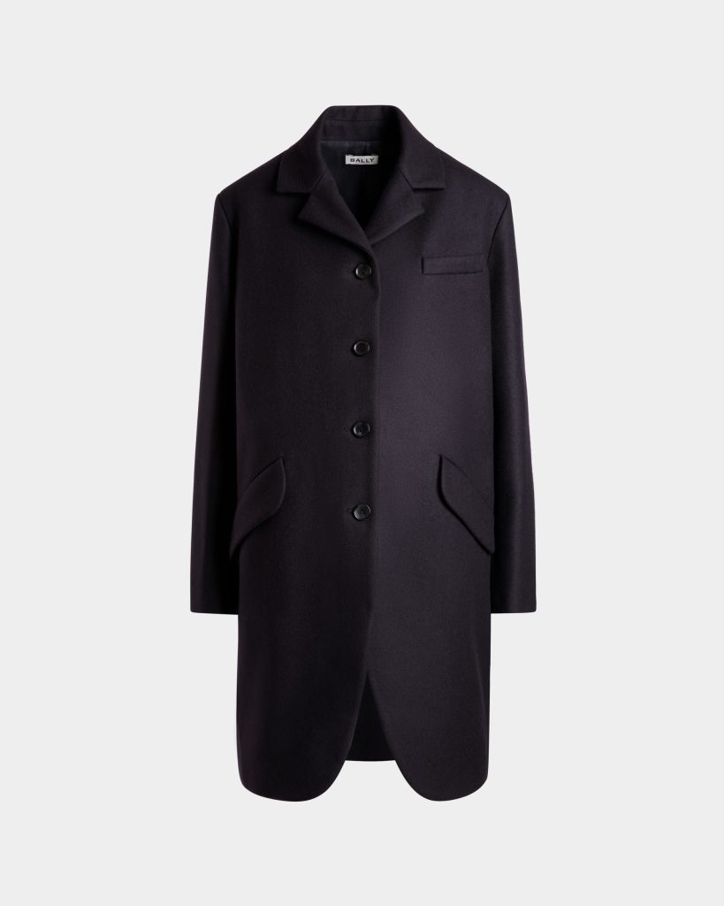 Single-Breasted Midi Coat In a Navy Blue Wool Blend