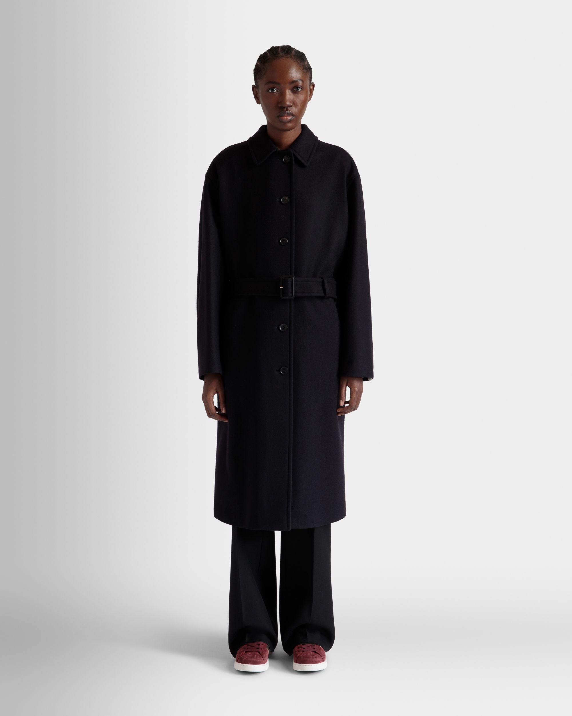 Belted Coat In Navy Blue Wool Blend - Image 2