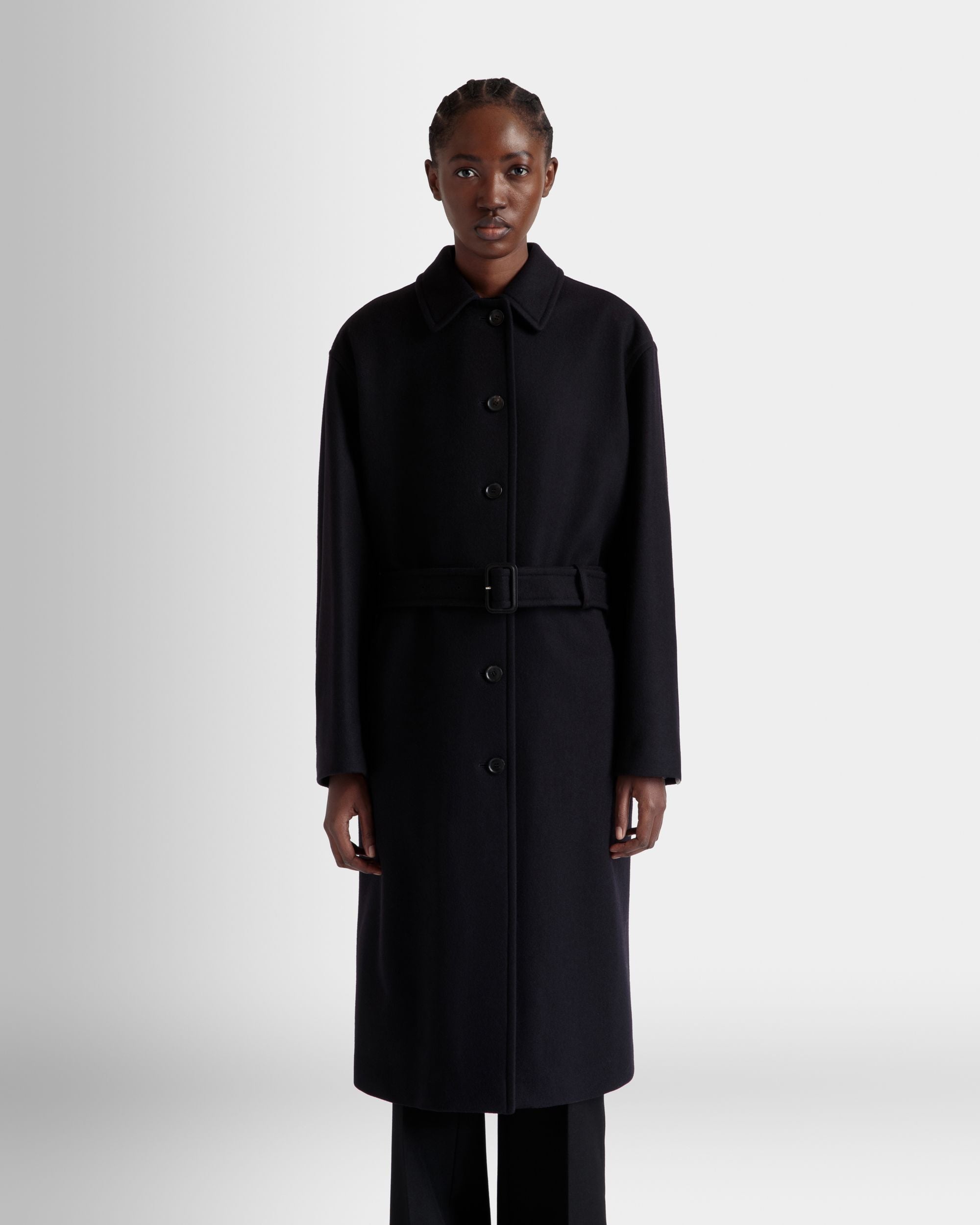 Belted Coat In Navy Blue Wool Blend - Image 3