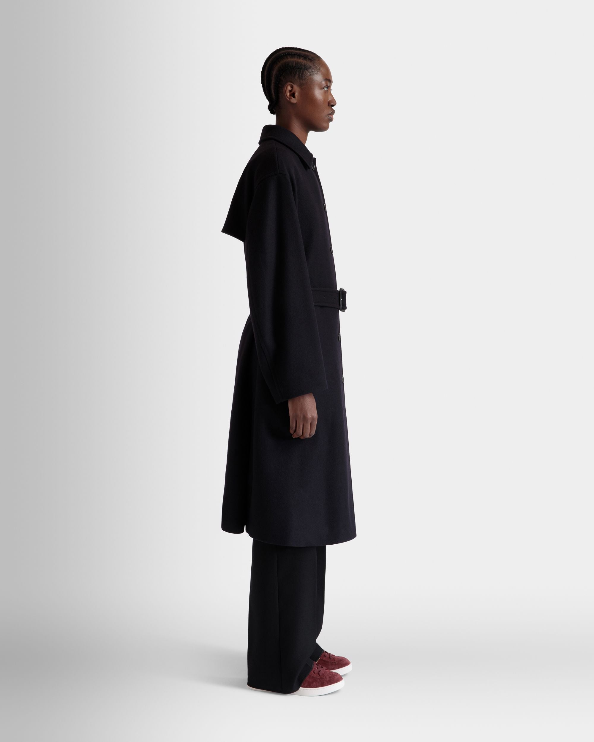 Belted Coat In Navy Blue Wool Blend - Image 6