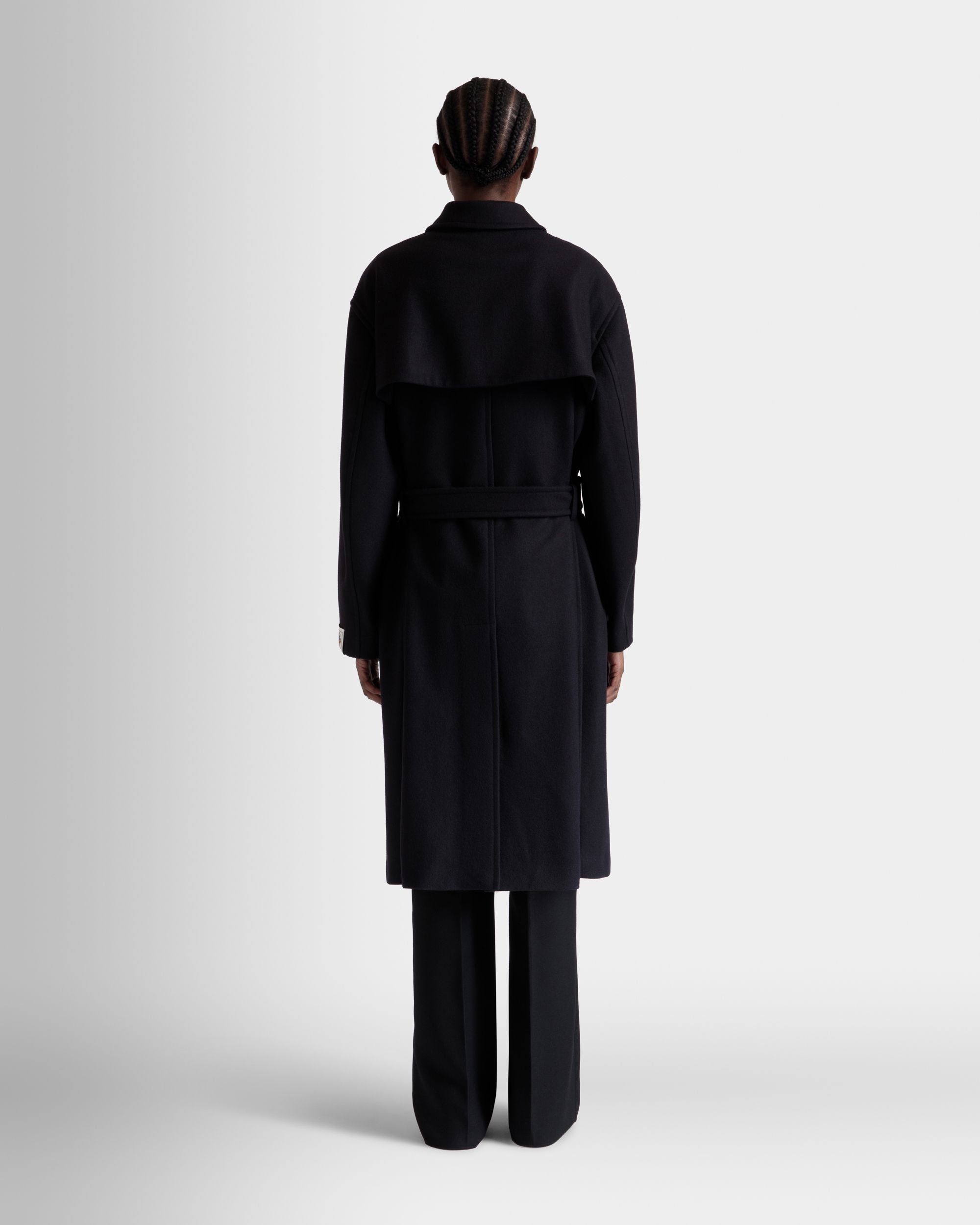 Belted Coat In Navy Blue Wool Blend - Image 7