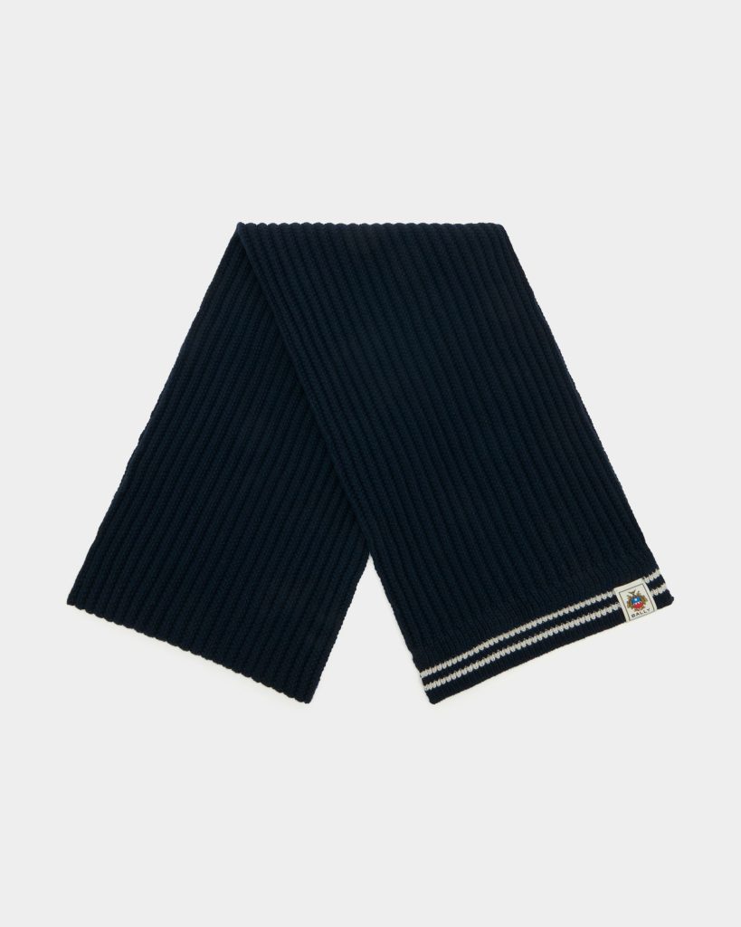 Scarf With Bally Stripes in Navy Blue Wool