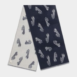 Scarf with a Logo Motif in Navy Blue and White Wool