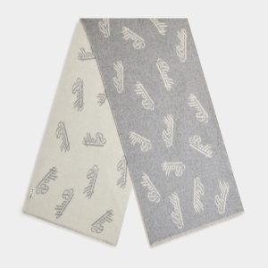 Scarf with a Logo Motif in Grey and White Wool