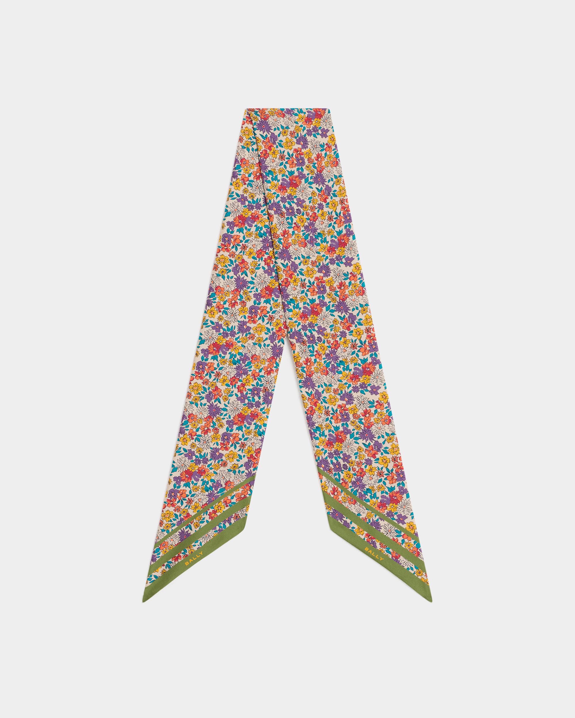 Neck Bow With a Floral Print in Beige Silk