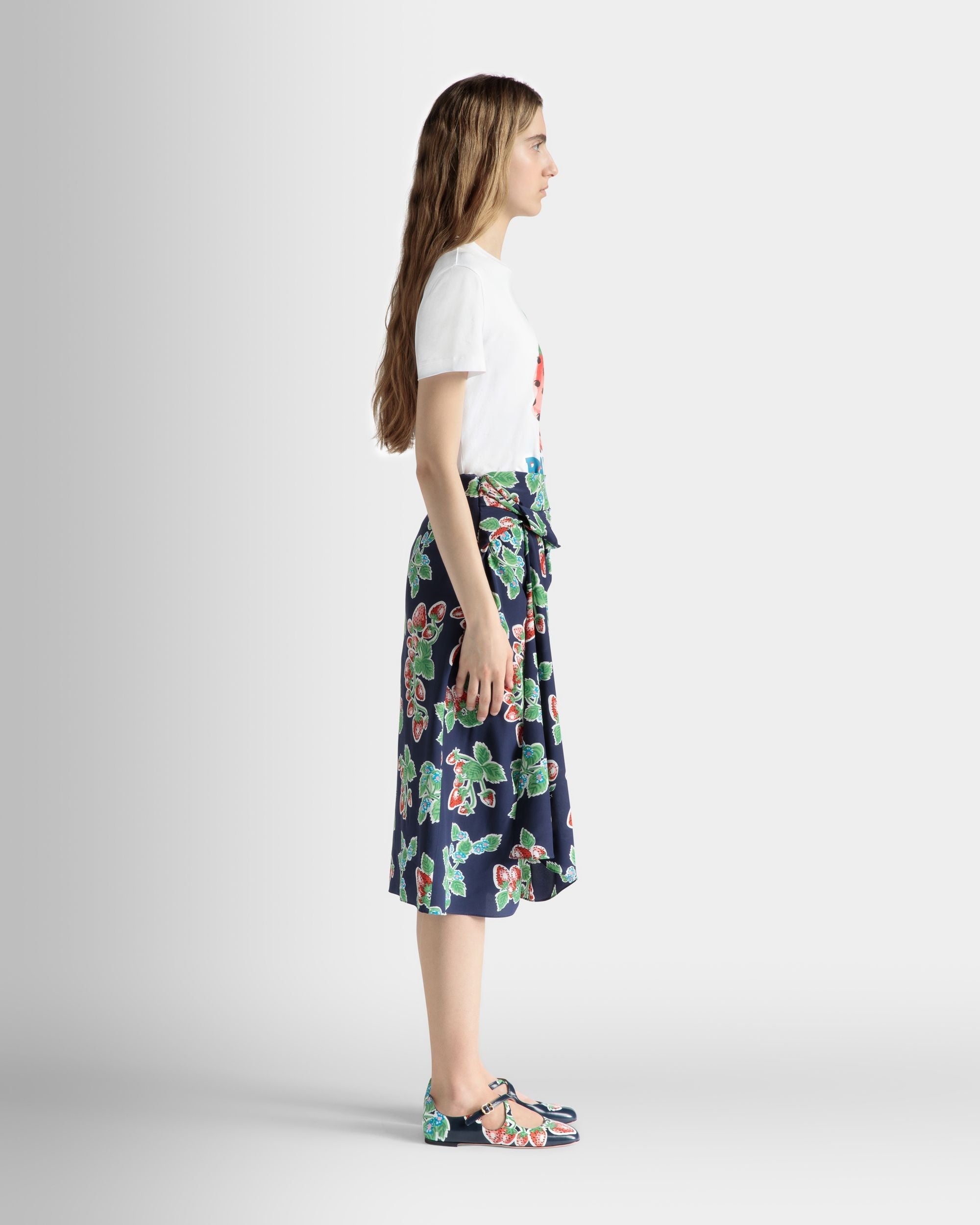 Printed Midi Skirt in Strawberry Print Silk - Image 5