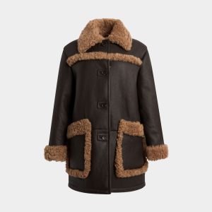 Coat in Brown Leather And Beige Shearling