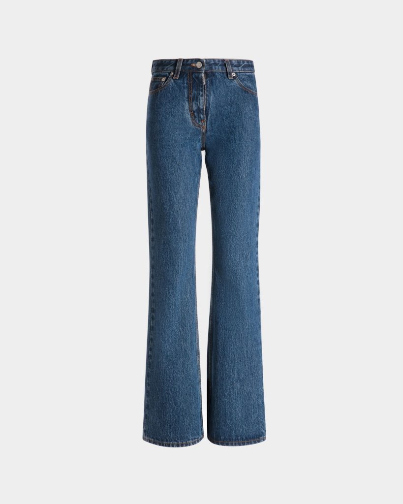Flared Denim Pants in Medium Blue Cotton
